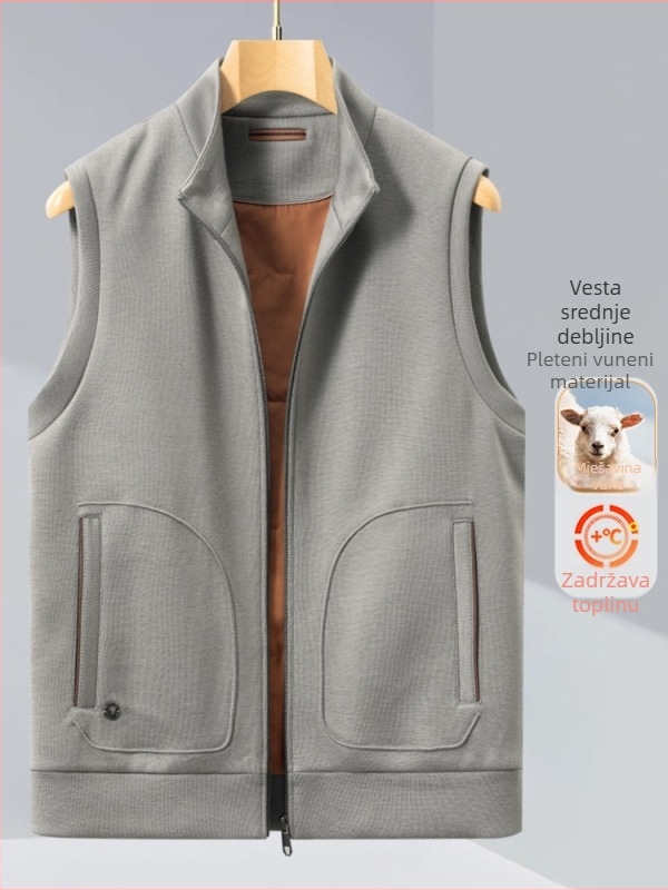 Muška pletena vesta od vune i akrila, sa stojećim ovratnikom, zatvaračem i uskim krojem