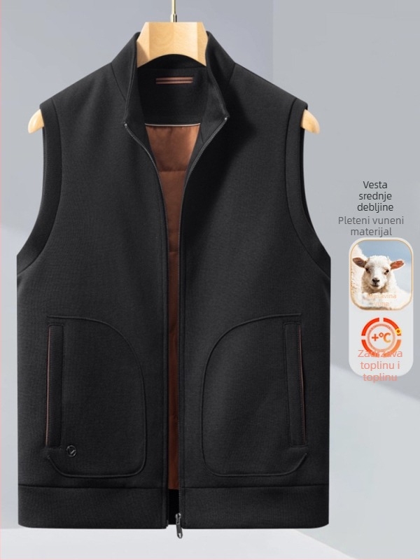 Muška pletena vesta od vune i akrila, sa stojećim ovratnikom, zatvaračem i uskim krojem