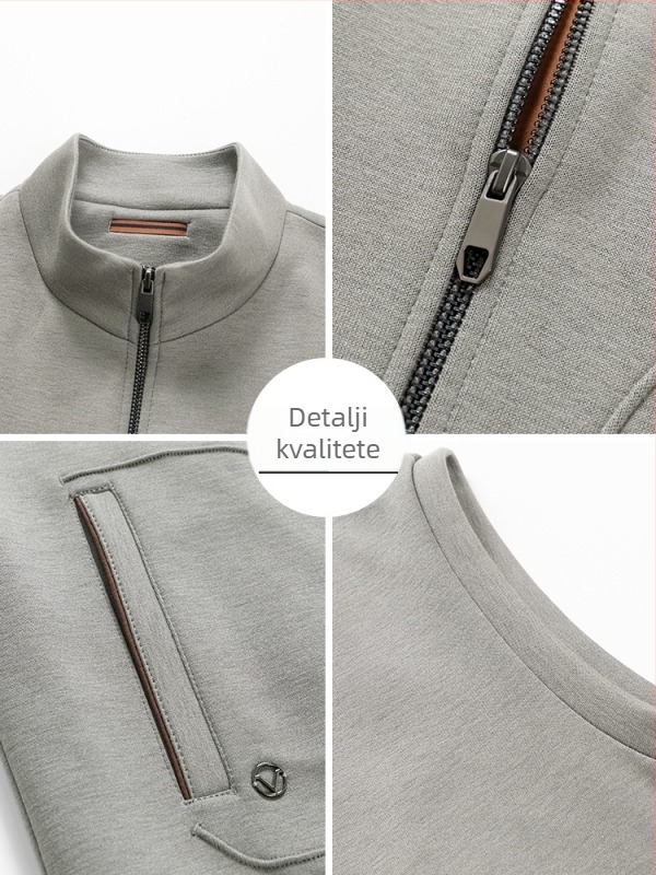 Muška pletena vesta od vune i akrila, sa stojećim ovratnikom, zatvaračem i uskim krojem