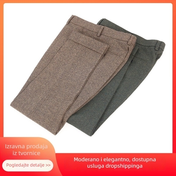 Muške hlače s manžetom, vuneni tweed s uzorkom herringbone, slim fit, zimski stil