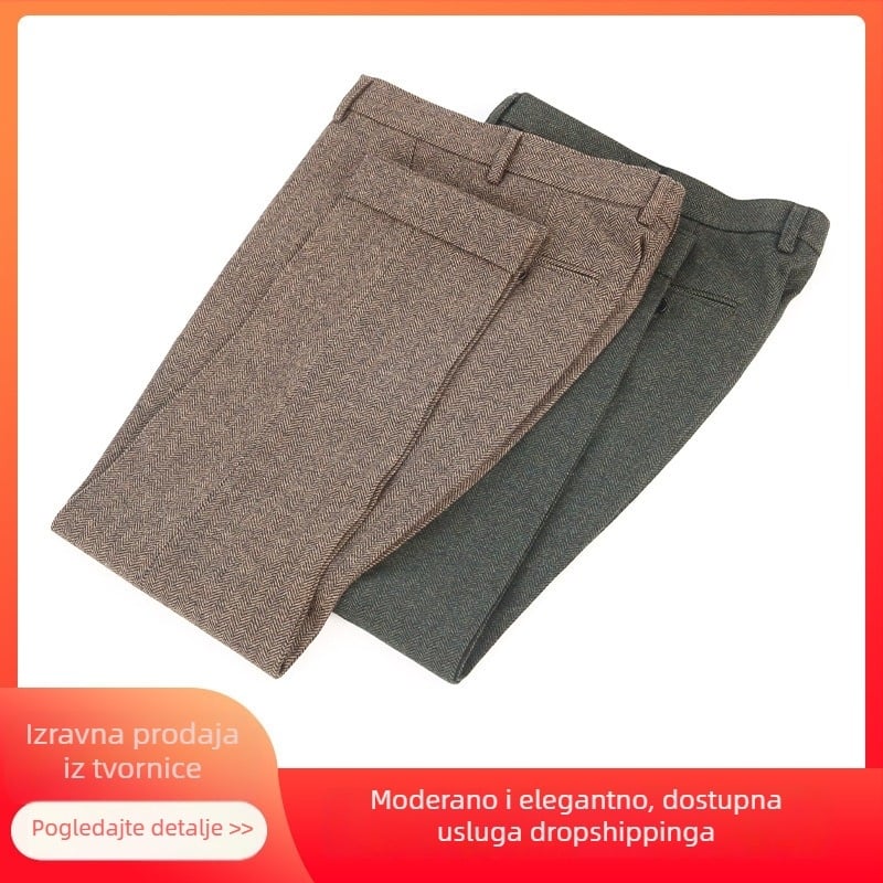 Muške hlače s manžetom, vuneni tweed s uzorkom herringbone, slim fit, zimski stil