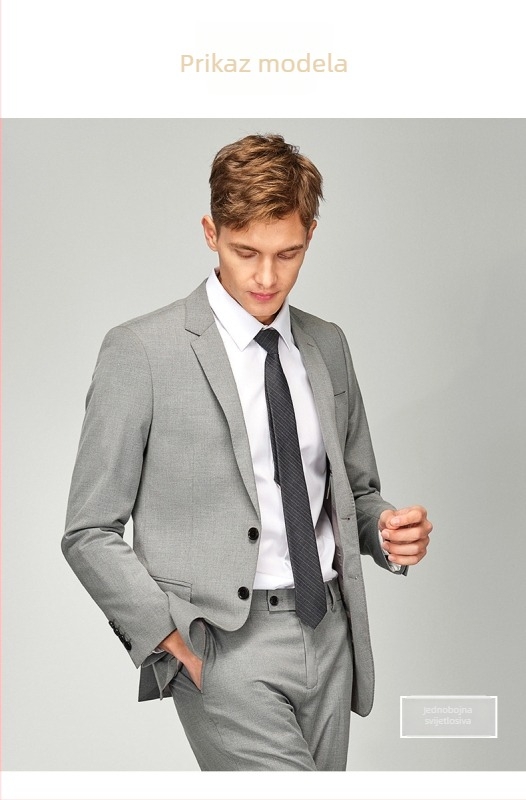 Muški odijelo, poslovni stil, slim fit, uzak ovratnik (<7 cm), zatvaranje jednim redom gumba, glavna tkanina 67.2% poliester, 30.5% viskoza, 2.3% elastan, tretman protiv peglanja