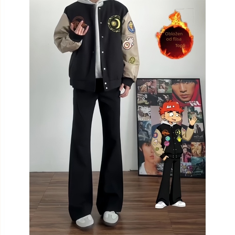 Muške hlače ravnog kroja, casual za svakodnevnu upotrebu, poliester, mikroelastični, fleece podstava za jesen-zimu, bez glačanja