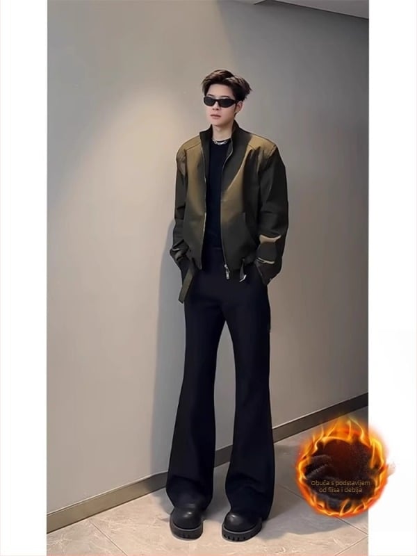 Muške hlače od poliestera – slim fit, blago proširene, rastezljive, zimske 2024