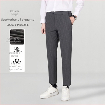 Muške prugaste hlače – korejski stil, lagani poslovni stil, ravni kroj, poliester-viskoza-spandeks 68/28/4, zima