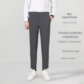 Muške prugaste hlače – korejski stil, lagani poslovni stil, ravni kroj, poliester-viskoza-spandeks 68/28/4, zima