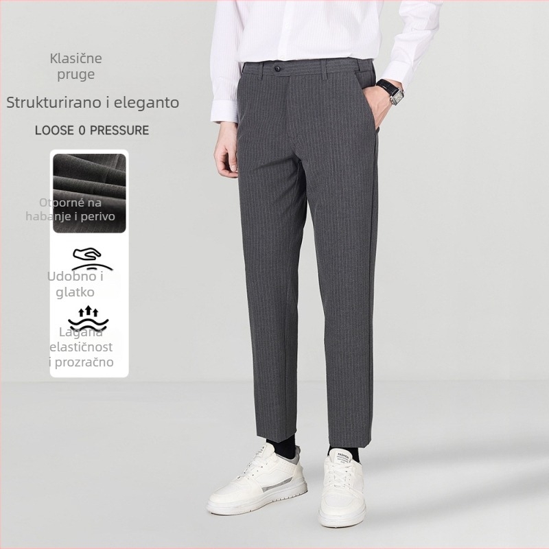 Muške prugaste hlače – korejski stil, lagani poslovni stil, ravni kroj, poliester-viskoza-spandeks 68/28/4, zima