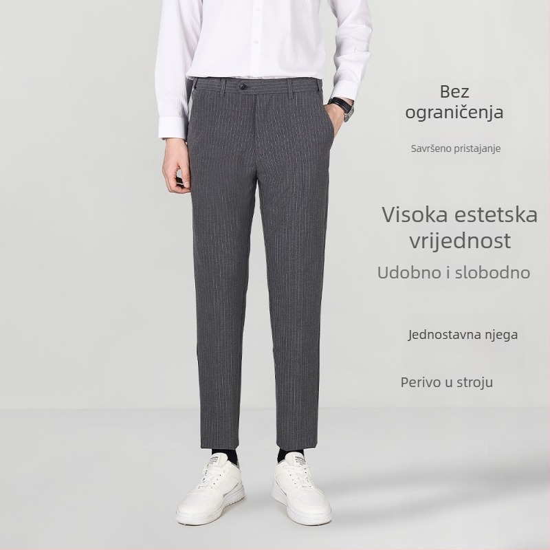 Muške prugaste hlače – korejski stil, lagani poslovni stil, ravni kroj, poliester-viskoza-spandeks 68/28/4, zima