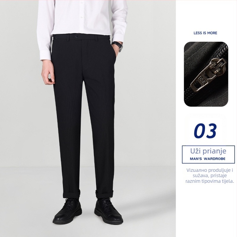 Muške prugaste hlače – korejski stil, lagani poslovni stil, ravni kroj, poliester-viskoza-spandeks 68/28/4, zima