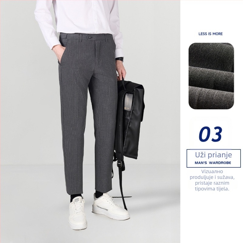 Muške prugaste hlače – korejski stil, lagani poslovni stil, ravni kroj, poliester-viskoza-spandeks 68/28/4, zima