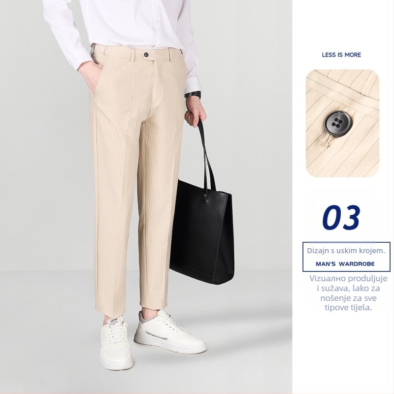 Muške prugaste hlače – korejski stil, lagani poslovni stil, ravni kroj, poliester-viskoza-spandeks 68/28/4, zima