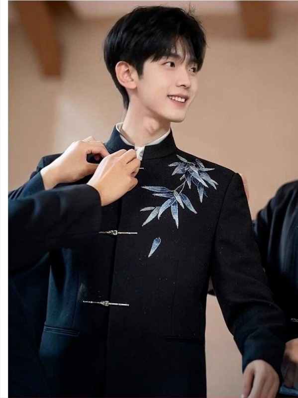 Muško formalno sako kineskog stila sa stojećim ovratnikom, jednoprsno s jednim gumbom, poliester smjesa, gradski stil, 3D patch džepovi