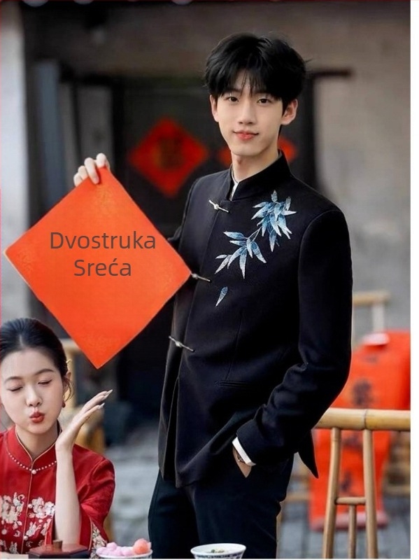 Muško formalno sako kineskog stila sa stojećim ovratnikom, jednoprsno s jednim gumbom, poliester smjesa, gradski stil, 3D patch džepovi