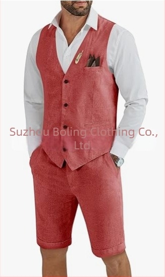 Muški komplet prsluk i šorts od lanenog mešavine - uski kroj, zatvaranje jednim gumbom, četiri godišnja doba, lagani poslovni stil za vjenčanje i plažu