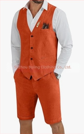 Muški komplet prsluk i šorts od lanenog mešavine - uski kroj, zatvaranje jednim gumbom, četiri godišnja doba, lagani poslovni stil za vjenčanje i plažu