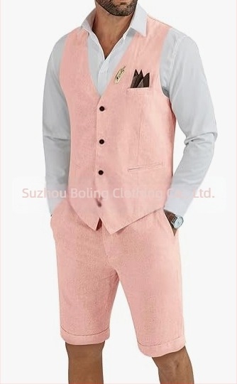 Muški komplet prsluk i šorts od lanenog mešavine - uski kroj, zatvaranje jednim gumbom, četiri godišnja doba, lagani poslovni stil za vjenčanje i plažu