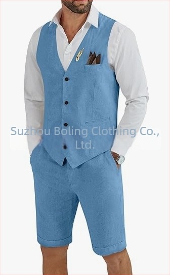 Muški komplet prsluk i šorts od lanenog mešavine - uski kroj, zatvaranje jednim gumbom, četiri godišnja doba, lagani poslovni stil za vjenčanje i plažu