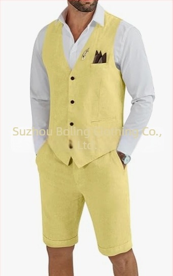 Muški komplet prsluk i šorts od lanenog mešavine - uski kroj, zatvaranje jednim gumbom, četiri godišnja doba, lagani poslovni stil za vjenčanje i plažu