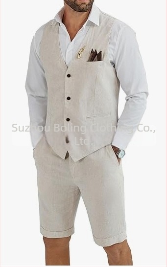 Muški komplet prsluk i šorts od lanenog mešavine - uski kroj, zatvaranje jednim gumbom, četiri godišnja doba, lagani poslovni stil za vjenčanje i plažu