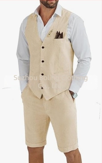 Muški komplet prsluk i šorts od lanenog mešavine - uski kroj, zatvaranje jednim gumbom, četiri godišnja doba, lagani poslovni stil za vjenčanje i plažu