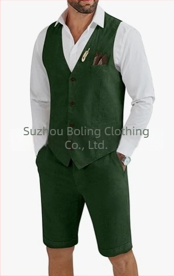 Muški komplet prsluk i šorts od lanenog mešavine - uski kroj, zatvaranje jednim gumbom, četiri godišnja doba, lagani poslovni stil za vjenčanje i plažu