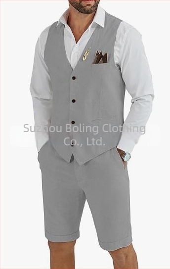 Muški komplet prsluk i šorts od lanenog mešavine - uski kroj, zatvaranje jednim gumbom, četiri godišnja doba, lagani poslovni stil za vjenčanje i plažu
