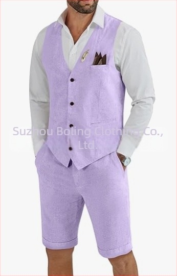 Muški komplet prsluk i šorts od lanenog mešavine - uski kroj, zatvaranje jednim gumbom, četiri godišnja doba, lagani poslovni stil za vjenčanje i plažu