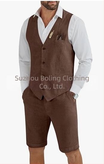 Muški komplet prsluk i šorts od lanenog mešavine - uski kroj, zatvaranje jednim gumbom, četiri godišnja doba, lagani poslovni stil za vjenčanje i plažu