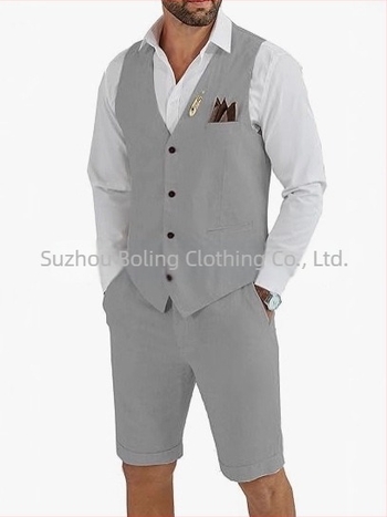 Muški komplet prsluk i šorts od lanenog mešavine - uski kroj, zatvaranje jednim gumbom, četiri godišnja doba, lagani poslovni stil za vjenčanje i plažu