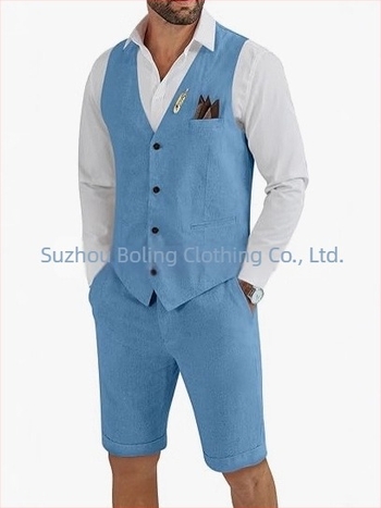 Muški komplet prsluk i šorts od lanenog mešavine - uski kroj, zatvaranje jednim gumbom, četiri godišnja doba, lagani poslovni stil za vjenčanje i plažu