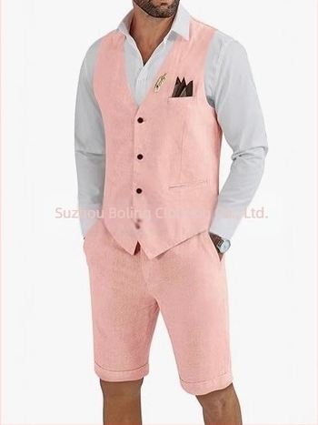 Muški komplet prsluk i šorts od lanenog mešavine - uski kroj, zatvaranje jednim gumbom, četiri godišnja doba, lagani poslovni stil za vjenčanje i plažu