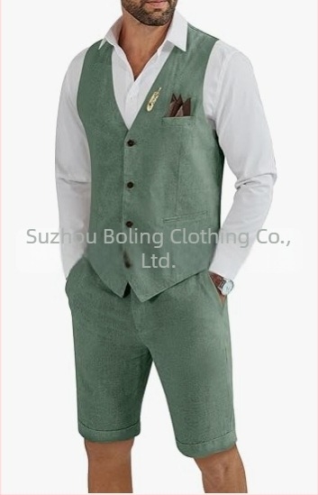 Muški komplet prsluk i šorts od lanenog mešavine - uski kroj, zatvaranje jednim gumbom, četiri godišnja doba, lagani poslovni stil za vjenčanje i plažu