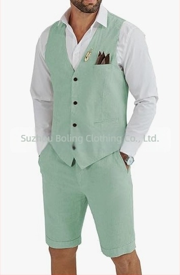 Muški komplet prsluk i šorts od lanenog mešavine - uski kroj, zatvaranje jednim gumbom, četiri godišnja doba, lagani poslovni stil za vjenčanje i plažu