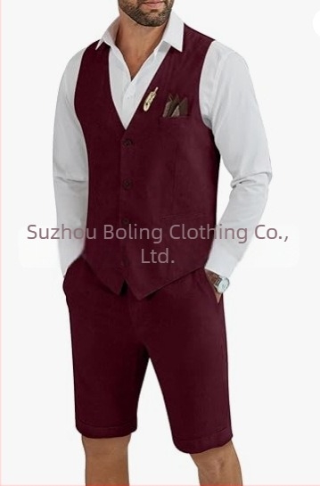 Muški komplet prsluk i šorts od lanenog mešavine - uski kroj, zatvaranje jednim gumbom, četiri godišnja doba, lagani poslovni stil za vjenčanje i plažu