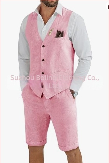 Muški komplet prsluk i šorts od lanenog mešavine - uski kroj, zatvaranje jednim gumbom, četiri godišnja doba, lagani poslovni stil za vjenčanje i plažu