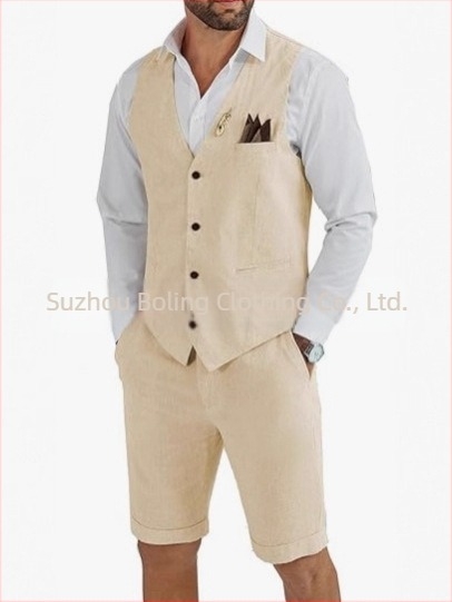 Muški komplet prsluk i šorts od lanenog mešavine - uski kroj, zatvaranje jednim gumbom, četiri godišnja doba, lagani poslovni stil za vjenčanje i plažu