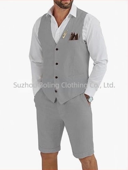 Muški komplet prsluk i šorts od lanenog mešavine - uski kroj, zatvaranje jednim gumbom, četiri godišnja doba, lagani poslovni stil za vjenčanje i plažu