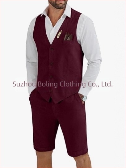 Muški komplet prsluk i šorts od lanenog mešavine - uski kroj, zatvaranje jednim gumbom, četiri godišnja doba, lagani poslovni stil za vjenčanje i plažu