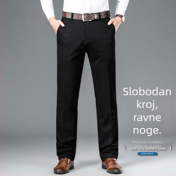 Muške udobne hlače, bez glačanja, elastične, široka ravna kroj, zimske, poliesterska smjesa, s detaljom na džepovima