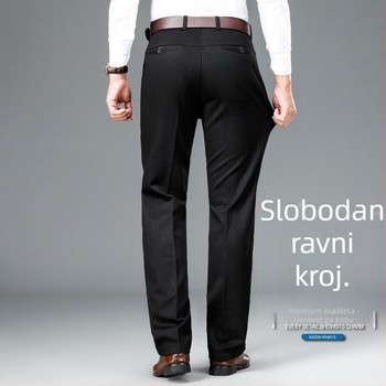 Muške udobne hlače, bez glačanja, elastične, široka ravna kroj, zimske, poliesterska smjesa, s detaljom na džepovima