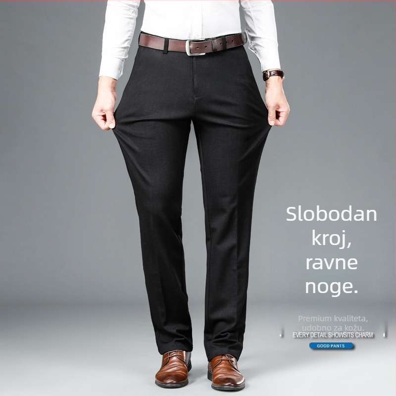 Muške udobne hlače, bez glačanja, elastične, široka ravna kroj, zimske, poliesterska smjesa, s detaljom na džepovima