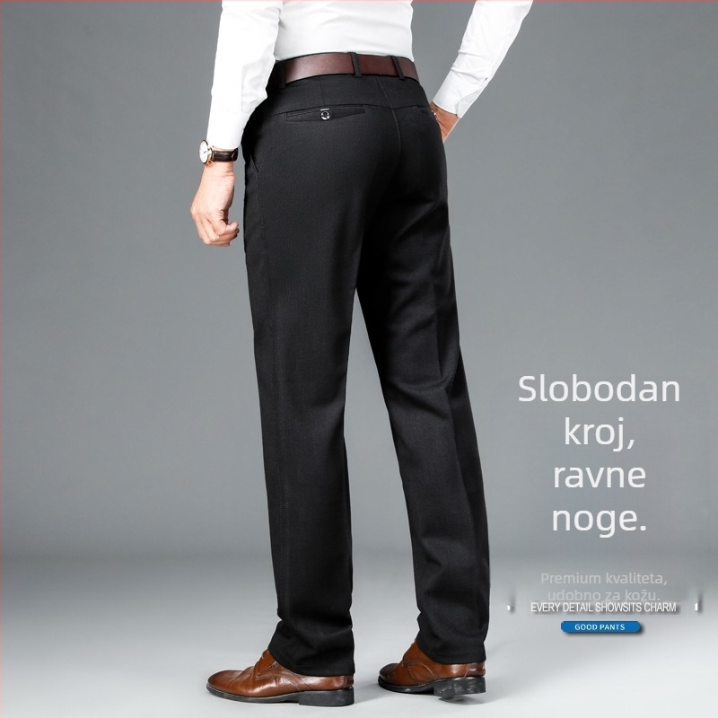 Muške udobne hlače, bez glačanja, elastične, široka ravna kroj, zimske, poliesterska smjesa, s detaljom na džepovima
