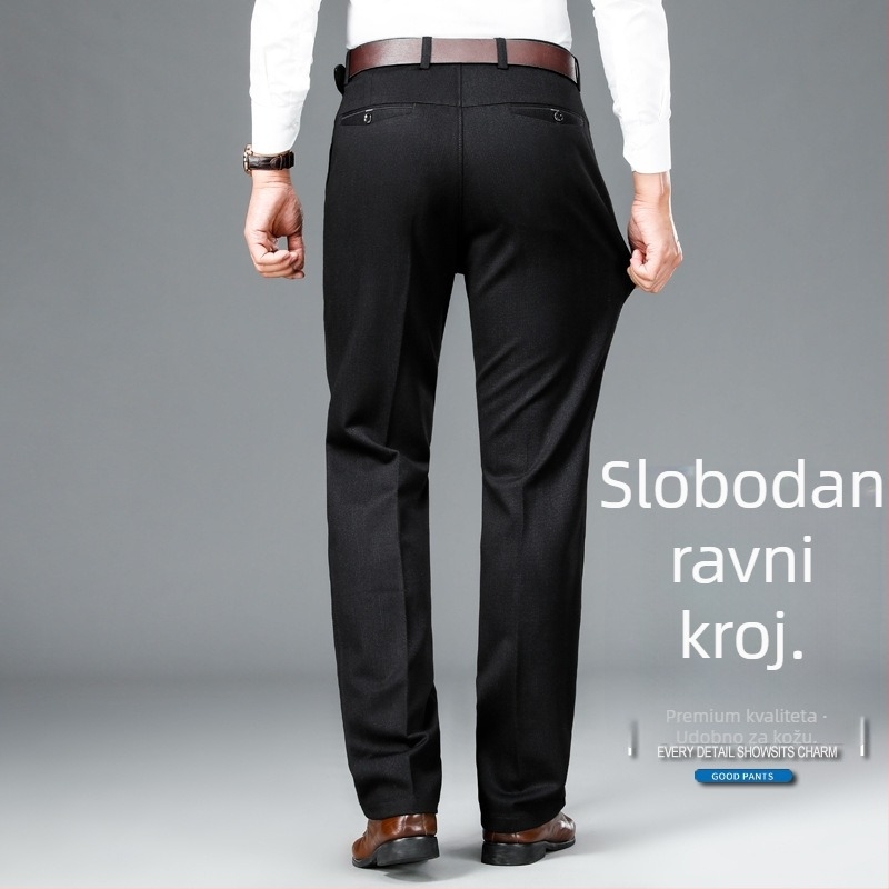 Muške udobne hlače, bez glačanja, elastične, široka ravna kroj, zimske, poliesterska smjesa, s detaljom na džepovima