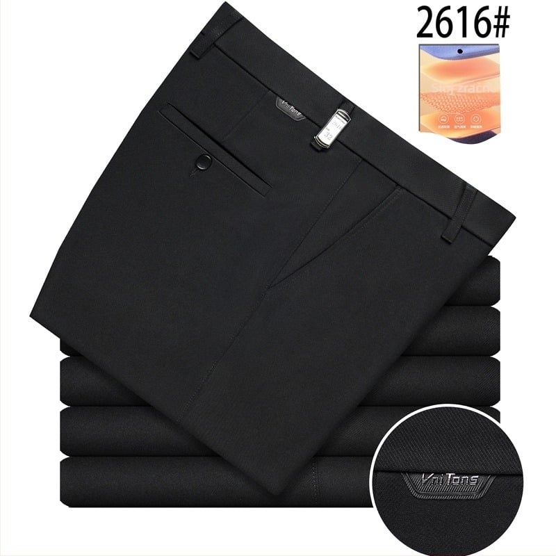 Muške udobne hlače, bez glačanja, elastične, široka ravna kroj, zimske, poliesterska smjesa, s detaljom na džepovima