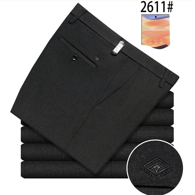 Muške udobne hlače, bez glačanja, elastične, široka ravna kroj, zimske, poliesterska smjesa, s detaljom na džepovima