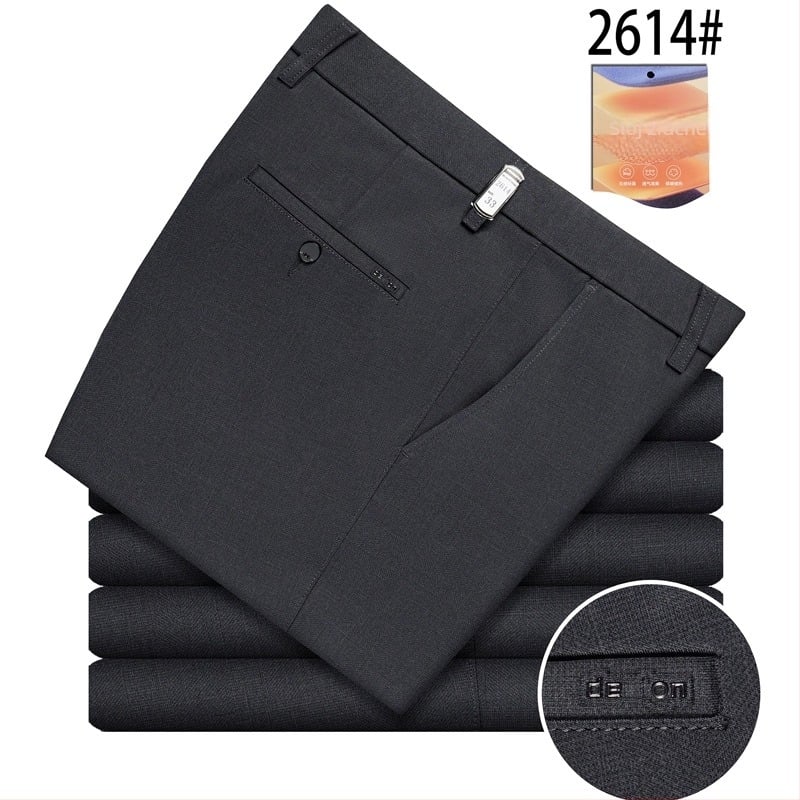 Muške udobne hlače, bez glačanja, elastične, široka ravna kroj, zimske, poliesterska smjesa, s detaljom na džepovima