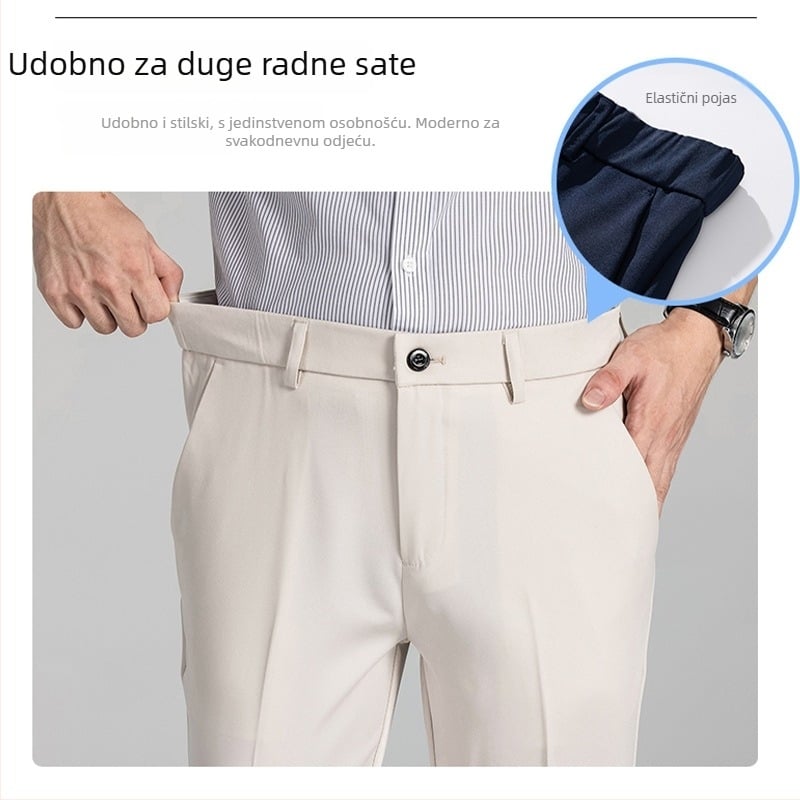 Muške hlače za sve sezone s elastičnim pojasom, ravni kroj, mješavina poliestera i spandexa (93,7% poliester, 6,3% spandexa), završna obrada bez peglanja