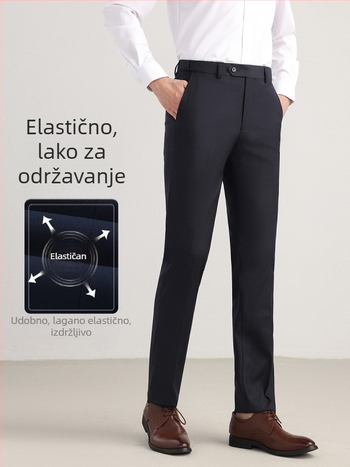 Muške hlače za poslovni stil, ravni kroj, lagani poslovni stil, materijal: mješavina kemijskih vlakana s 70% poliester, mikroelastični, dekorativni džepovi