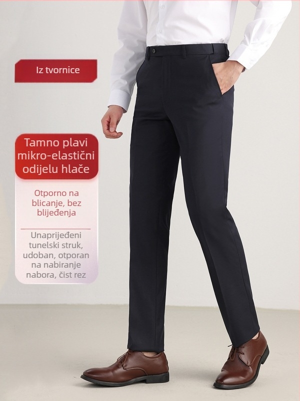 Muške hlače za poslovni stil, ravni kroj, lagani poslovni stil, materijal: mješavina kemijskih vlakana s 70% poliester, mikroelastični, dekorativni džepovi