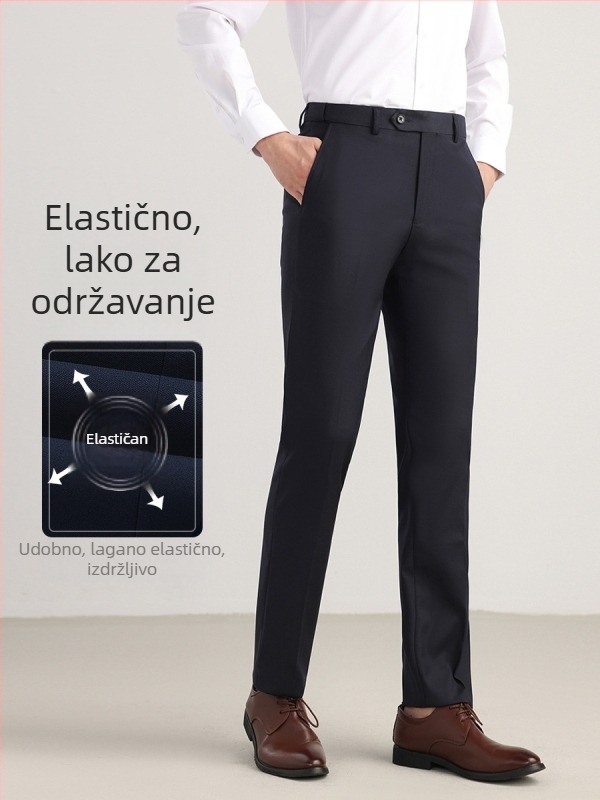 Muške hlače za poslovni stil, ravni kroj, lagani poslovni stil, materijal: mješavina kemijskih vlakana s 70% poliester, mikroelastični, dekorativni džepovi